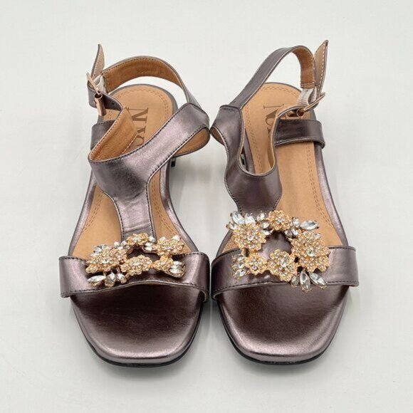 Light Grey Open Toe T Strap Crystal Chunky Heels Ankle Strap Sandal Bridal Shoes - Picture 3 of 7